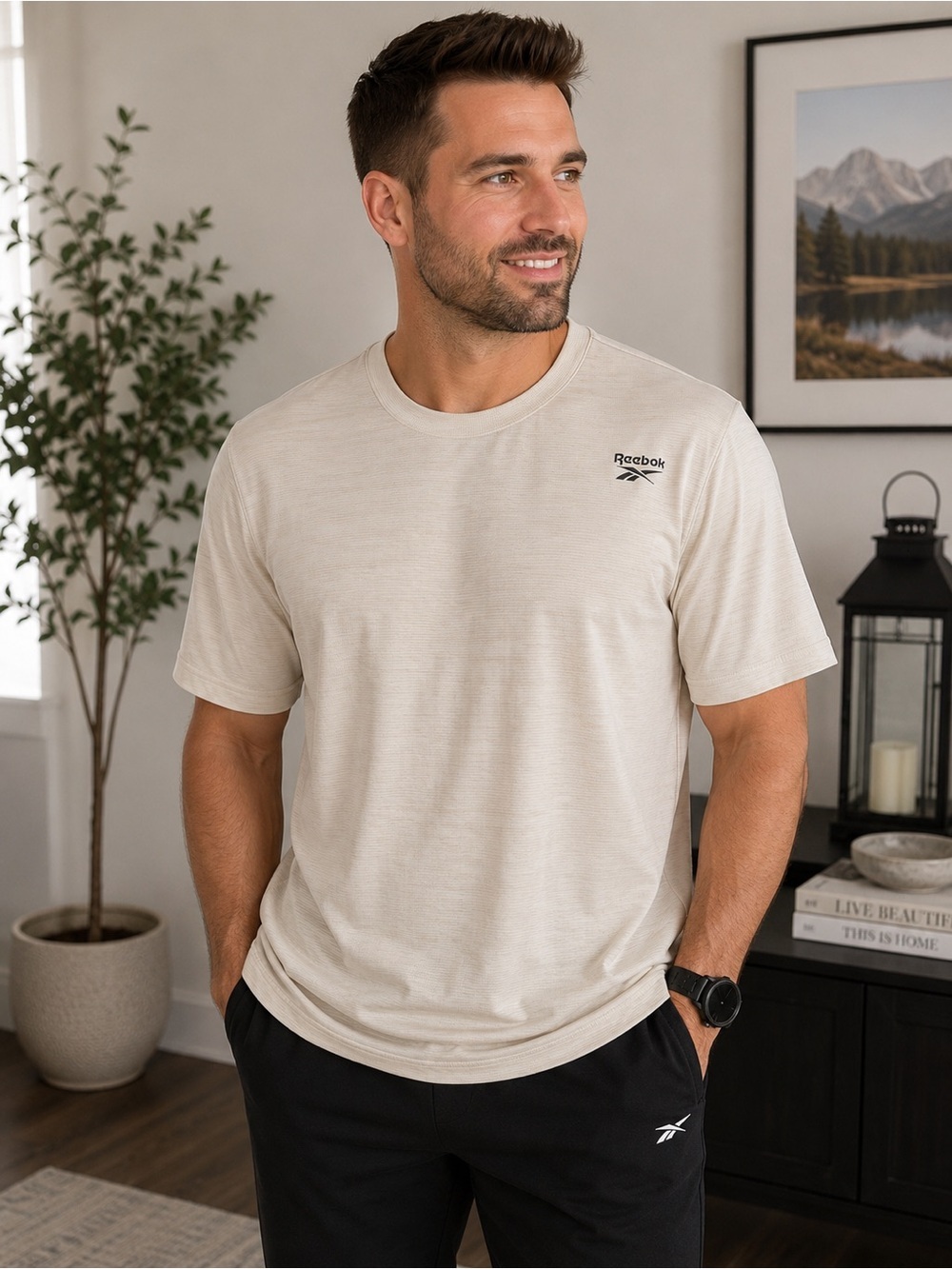 Reebok Performance Textured Athletic T-Shirt XL Beige Cream